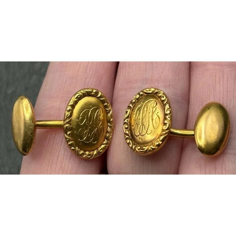 Vintage 14K Solid Yellow Gold Tone Victorian Cufflinks Ornate Etched Initials PA